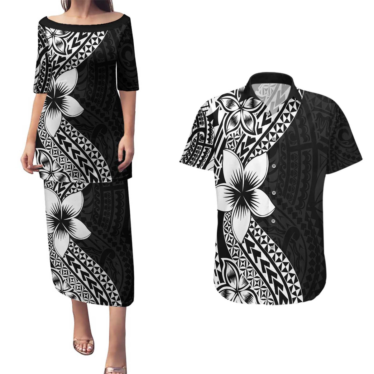 Lotu Tamaiti White Sunday Couples Matching Puletasi and Hawaiian Shirt Pacific Plumeria Flowers - Black Version LT9 Black - Polynesian Pride