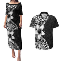 Lotu Tamaiti White Sunday Couples Matching Puletasi and Hawaiian Shirt Pacific Plumeria Flowers - Black Version LT9 Black - Polynesian Pride