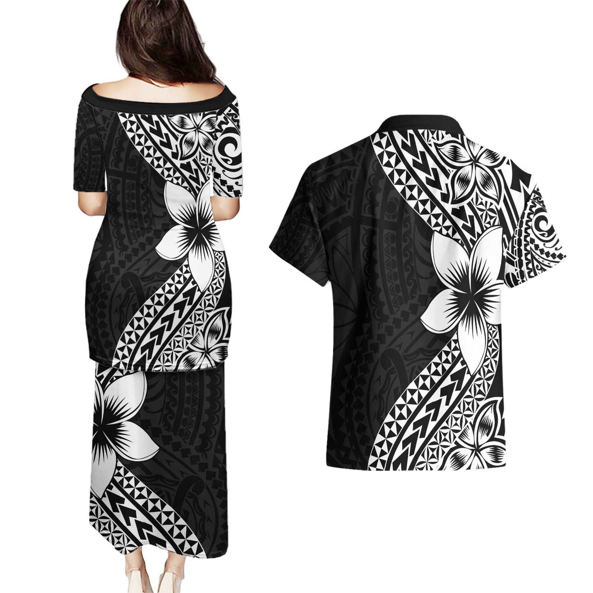 Lotu Tamaiti White Sunday Couples Matching Puletasi and Hawaiian Shirt Pacific Plumeria Flowers - Black Version LT9 - Polynesian Pride
