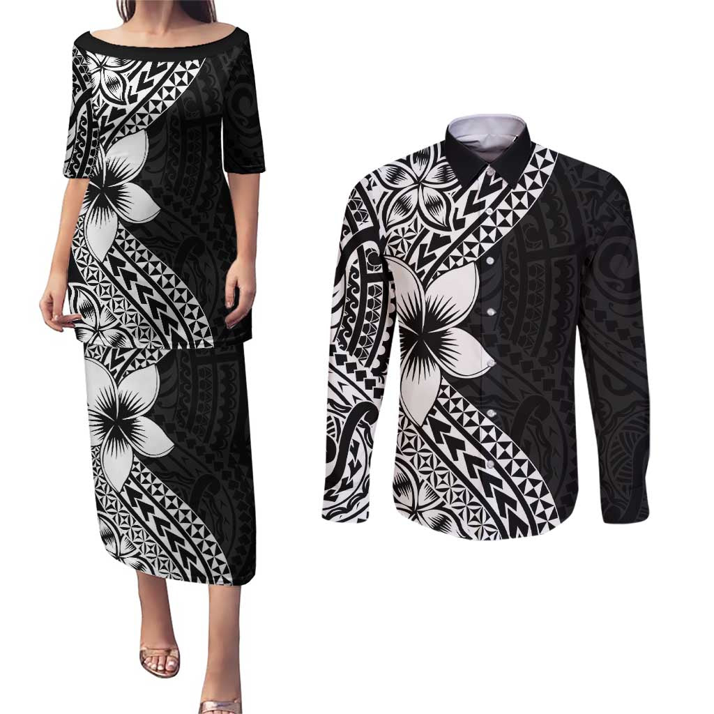 Lotu Tamaiti White Sunday Couples Matching Puletasi and Long Sleeve Button Shirt Pacific Plumeria Flowers - Black Version LT9 Black - Polynesian Pride