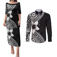 Lotu Tamaiti White Sunday Couples Matching Puletasi and Long Sleeve Button Shirt Pacific Plumeria Flowers - Black Version LT9 Black - Polynesian Pride