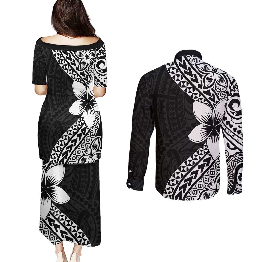 Lotu Tamaiti White Sunday Couples Matching Puletasi and Long Sleeve Button Shirt Pacific Plumeria Flowers - Black Version LT9 - Polynesian Pride