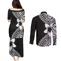 Lotu Tamaiti White Sunday Couples Matching Puletasi and Long Sleeve Button Shirt Pacific Plumeria Flowers - Black Version LT9 - Polynesian Pride