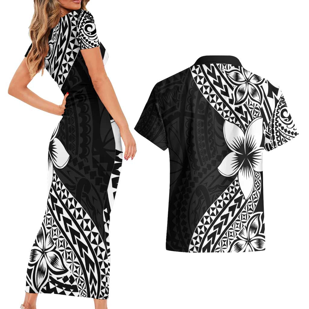 Lotu Tamaiti White Sunday Couples Matching Short Sleeve Bodycon Dress and Hawaiian Shirt Pacific Plumeria Flowers - Black Version LT9 - Polynesian Pride