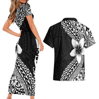 Lotu Tamaiti White Sunday Couples Matching Short Sleeve Bodycon Dress and Hawaiian Shirt Pacific Plumeria Flowers - Black Version LT9 - Polynesian Pride