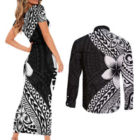 Lotu Tamaiti White Sunday Couples Matching Short Sleeve Bodycon Dress and Long Sleeve Button Shirt Pacific Plumeria Flowers - Black Version LT9 - Polynesian Pride