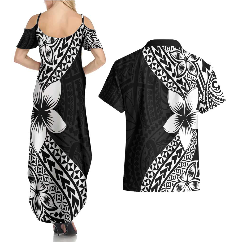 Lotu Tamaiti White Sunday Couples Matching Summer Maxi Dress and Hawaiian Shirt Pacific Plumeria Flowers - Black Version LT9 - Polynesian Pride