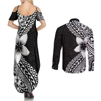 Lotu Tamaiti White Sunday Couples Matching Summer Maxi Dress and Long Sleeve Button Shirt Pacific Plumeria Flowers - Black Version LT9 - Polynesian Pride
