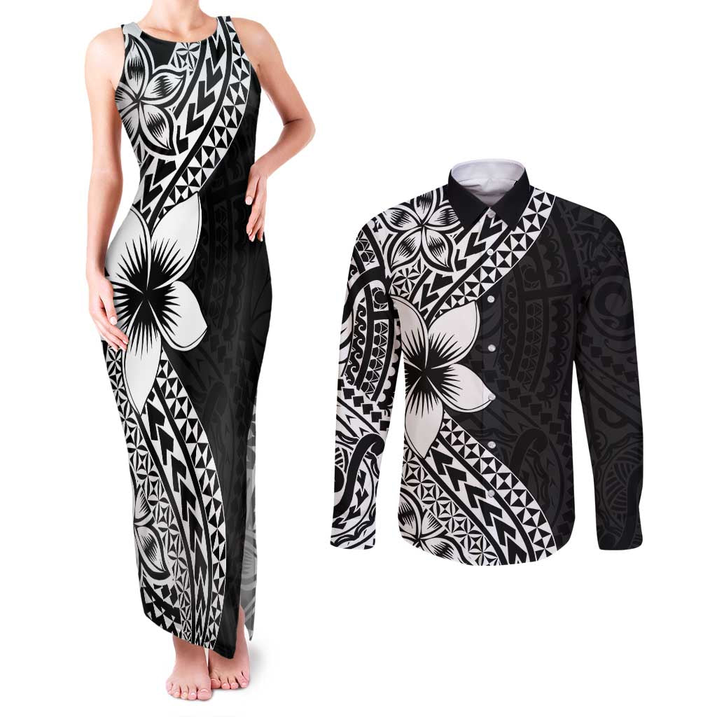 Lotu Tamaiti White Sunday Couples Matching Tank Maxi Dress and Long Sleeve Button Shirt Pacific Plumeria Flowers - Black Version LT9 Black - Polynesian Pride