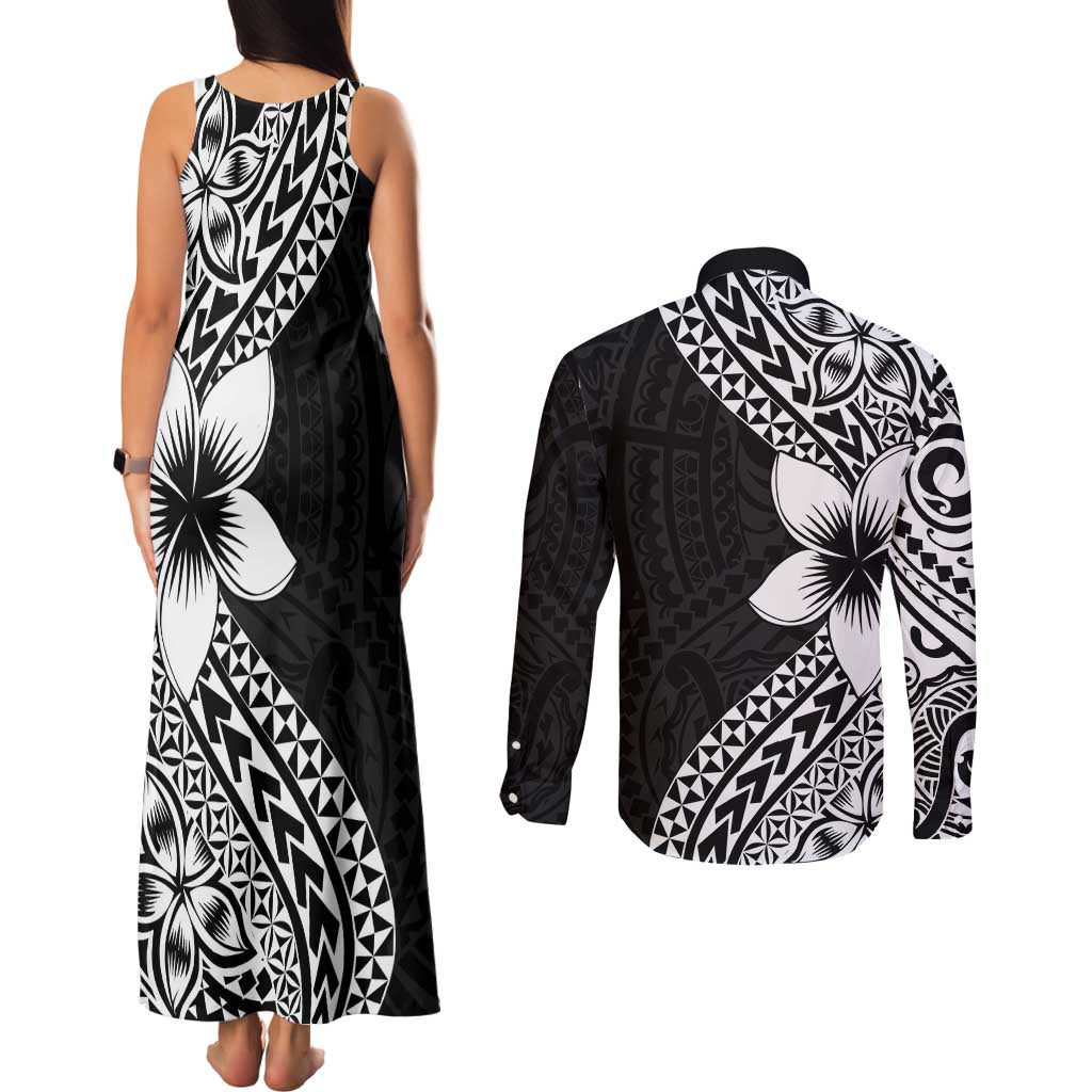 Lotu Tamaiti White Sunday Couples Matching Tank Maxi Dress and Long Sleeve Button Shirt Pacific Plumeria Flowers - Black Version LT9 - Polynesian Pride