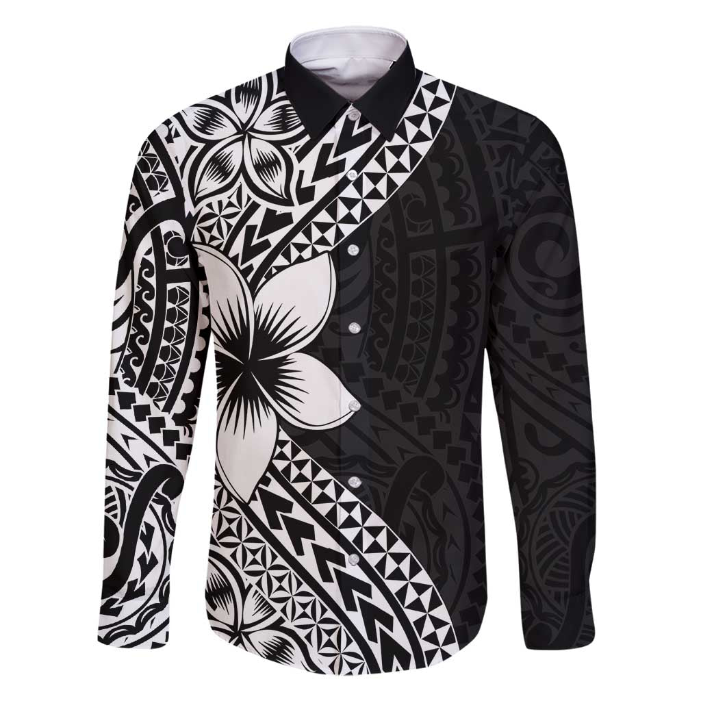 Lotu Tamaiti White Sunday Family Matching Long Sleeve Bodycon Dress and Hawaiian Shirt Pacific Plumeria Flowers - Black Version LT9 Dad's Shirt - Long Sleeve Black - Polynesian Pride
