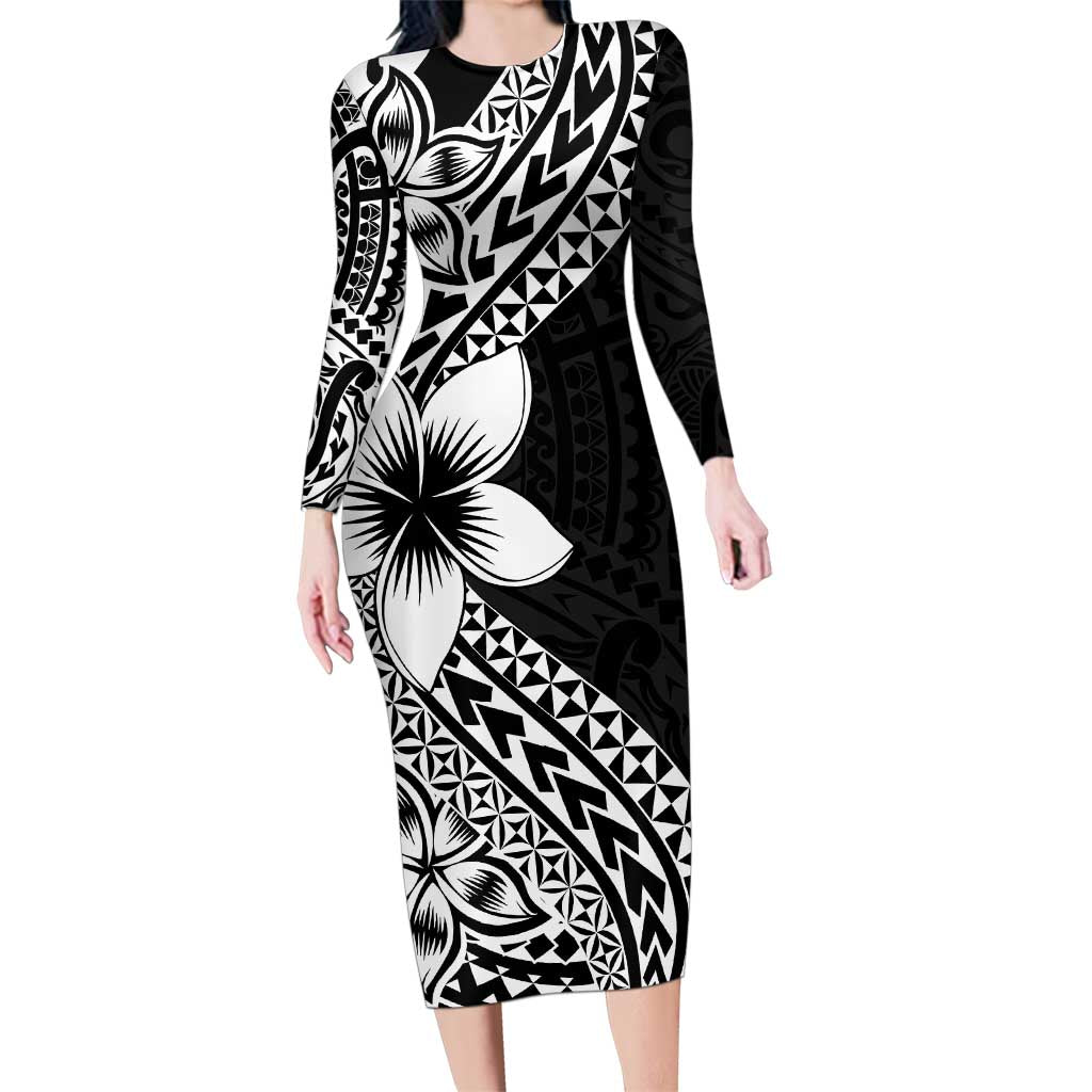 Lotu Tamaiti White Sunday Family Matching Long Sleeve Bodycon Dress and Hawaiian Shirt Pacific Plumeria Flowers - Black Version LT9 Mom's Dress Black - Polynesian Pride