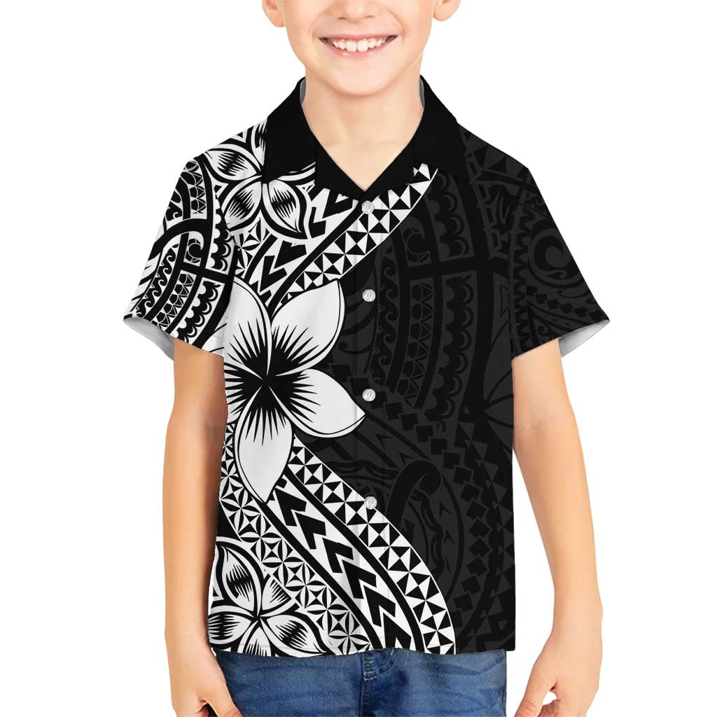 Lotu Tamaiti White Sunday Family Matching Long Sleeve Bodycon Dress and Hawaiian Shirt Pacific Plumeria Flowers - Black Version LT9 Son's Shirt Black - Polynesian Pride