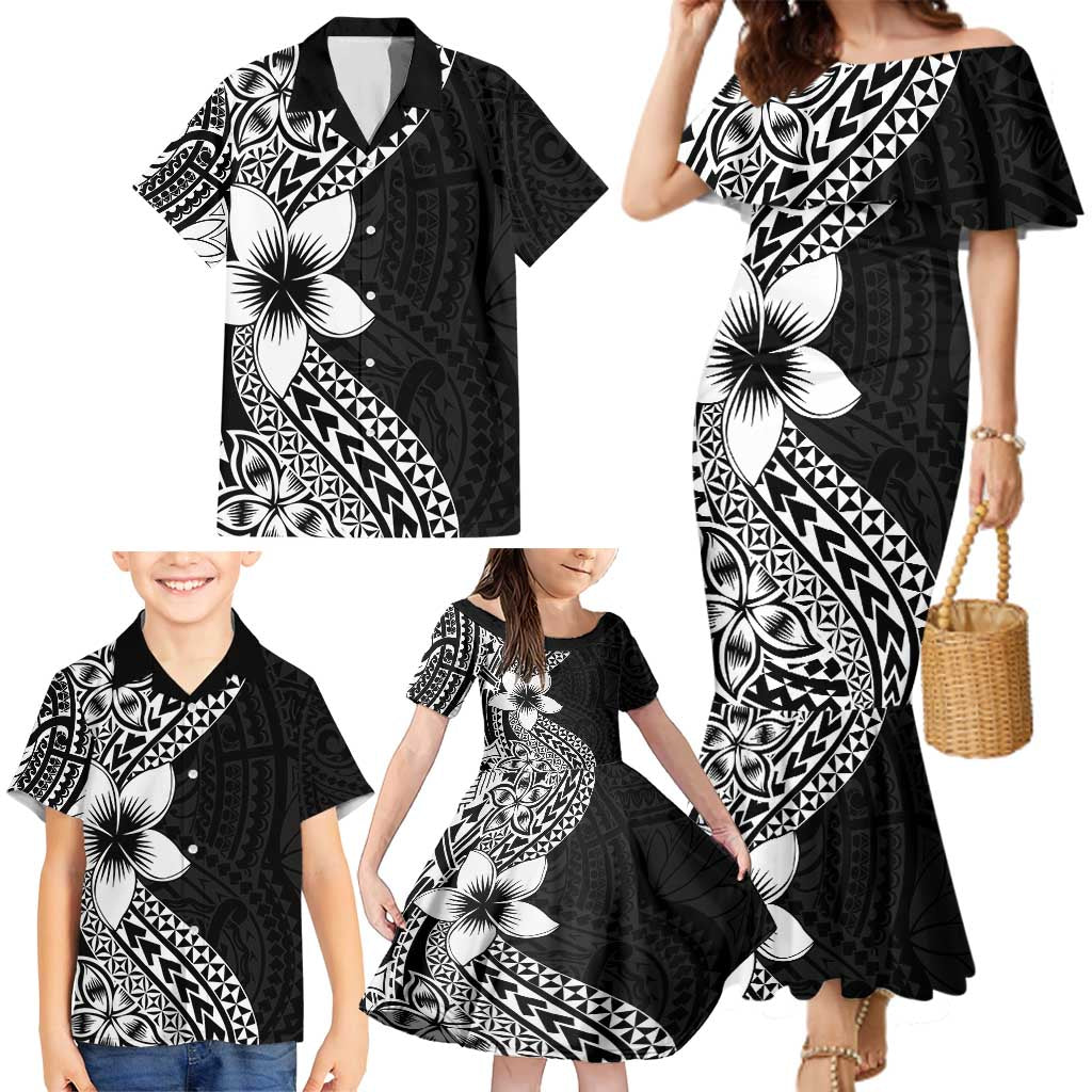 Lotu Tamaiti White Sunday Family Matching Mermaid Dress and Hawaiian Shirt Pacific Plumeria Flowers - Black Version LT9 - Polynesian Pride