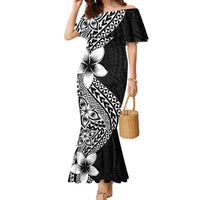 Lotu Tamaiti White Sunday Family Matching Mermaid Dress and Hawaiian Shirt Pacific Plumeria Flowers - Black Version LT9 Mom's Dress Black - Polynesian Pride