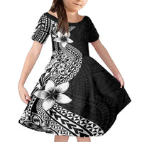 Lotu Tamaiti White Sunday Family Matching Off The Shoulder Long Sleeve Dress and Hawaiian Shirt Pacific Plumeria Flowers - Black Version LT9 Daughter's Dress Black - Polynesian Pride
