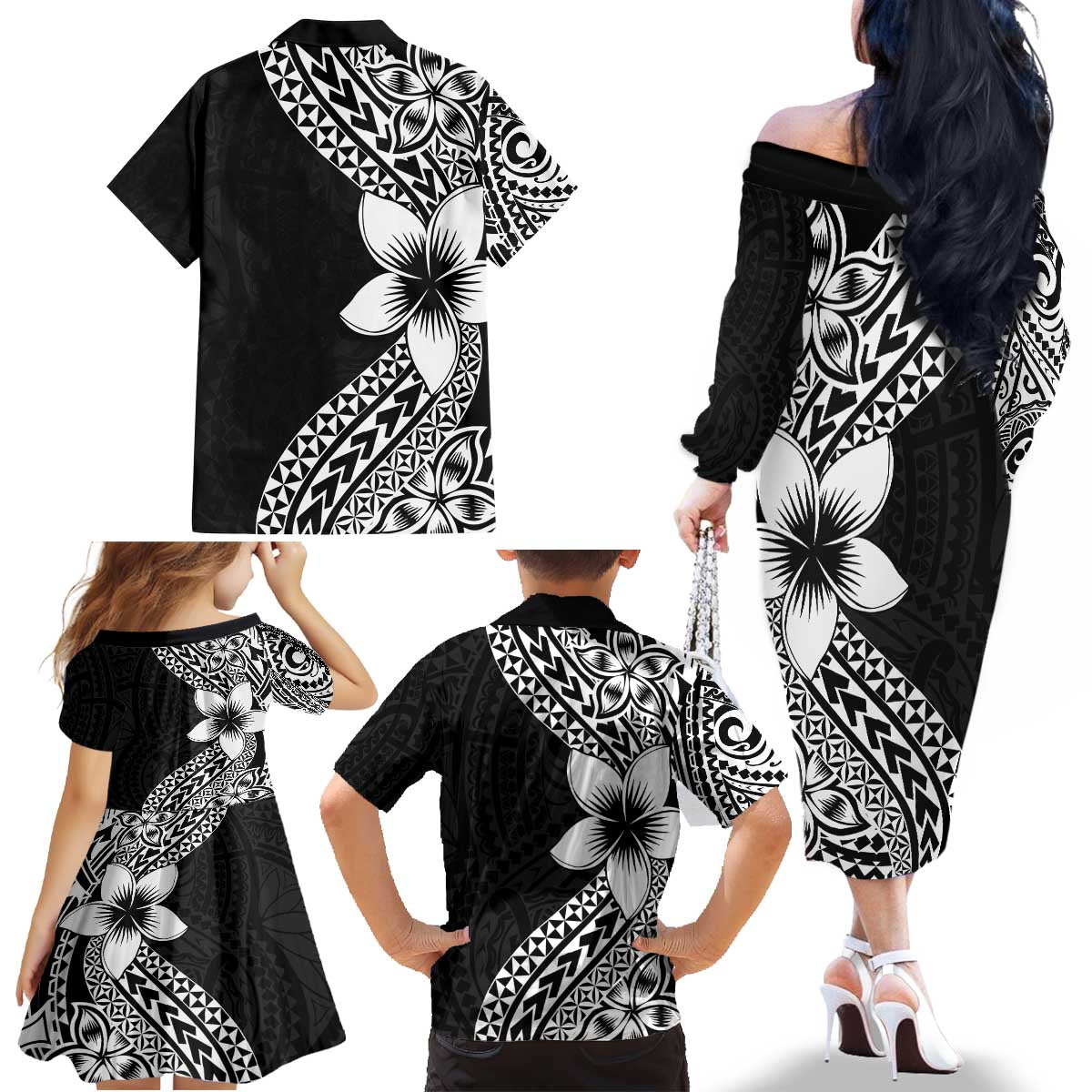 Lotu Tamaiti White Sunday Family Matching Off The Shoulder Long Sleeve Dress and Hawaiian Shirt Pacific Plumeria Flowers - Black Version LT9 - Polynesian Pride