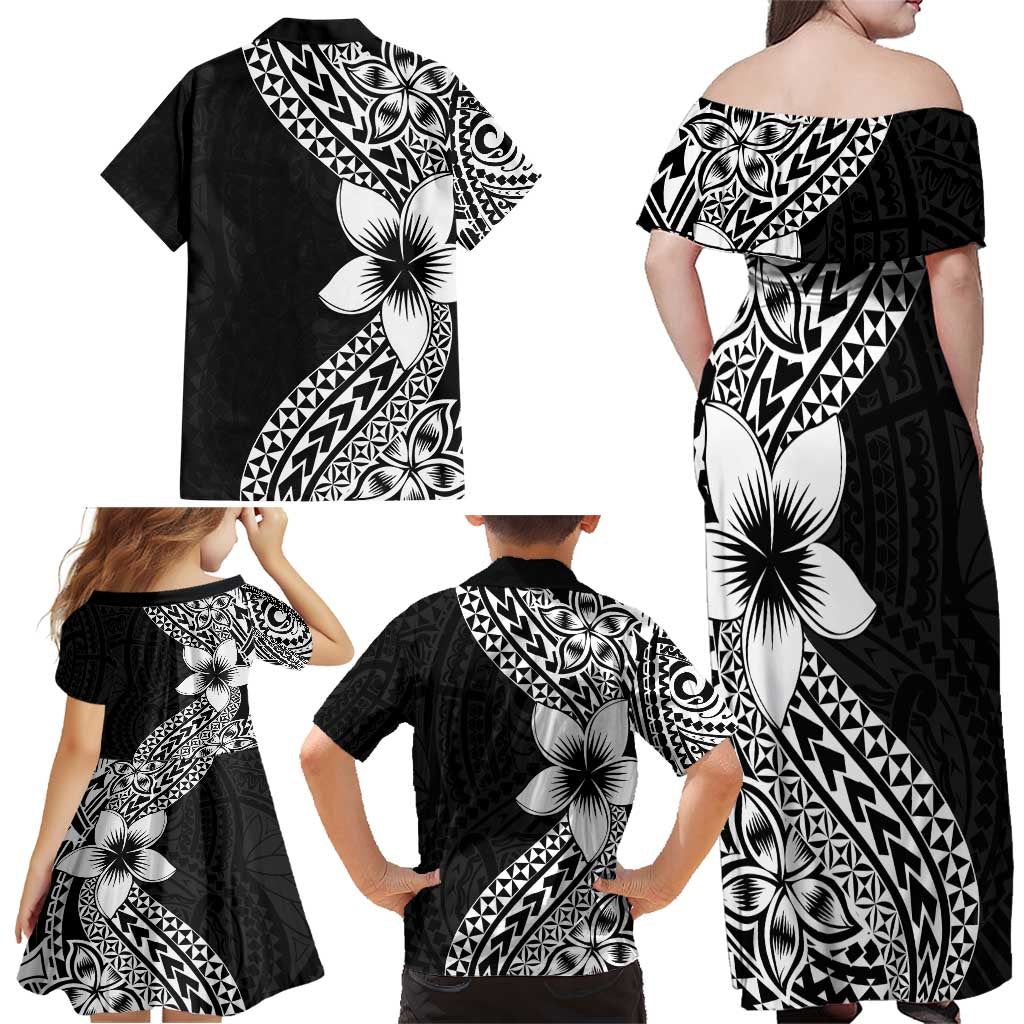 Lotu Tamaiti White Sunday Family Matching Off Shoulder Maxi Dress and Hawaiian Shirt Pacific Plumeria Flowers - Black Version LT9 - Polynesian Pride