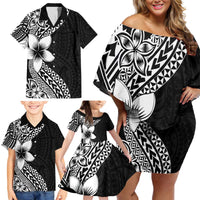 Lotu Tamaiti White Sunday Family Matching Off Shoulder Short Dress and Hawaiian Shirt Pacific Plumeria Flowers - Black Version LT9 - Polynesian Pride