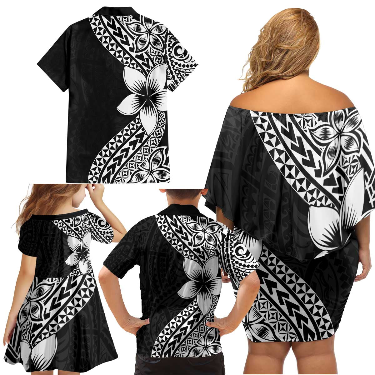 Lotu Tamaiti White Sunday Family Matching Off Shoulder Short Dress and Hawaiian Shirt Pacific Plumeria Flowers - Black Version LT9 - Polynesian Pride