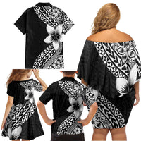 Lotu Tamaiti White Sunday Family Matching Off Shoulder Short Dress and Hawaiian Shirt Pacific Plumeria Flowers - Black Version LT9 - Polynesian Pride