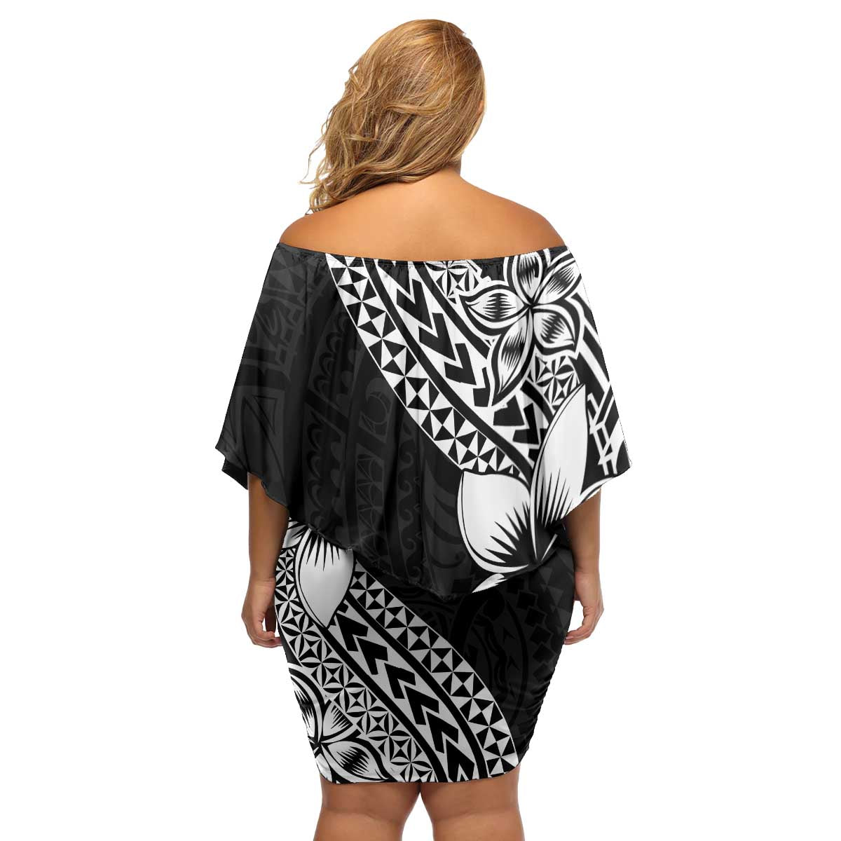 Lotu Tamaiti White Sunday Family Matching Off Shoulder Short Dress and Hawaiian Shirt Pacific Plumeria Flowers - Black Version LT9 - Polynesian Pride