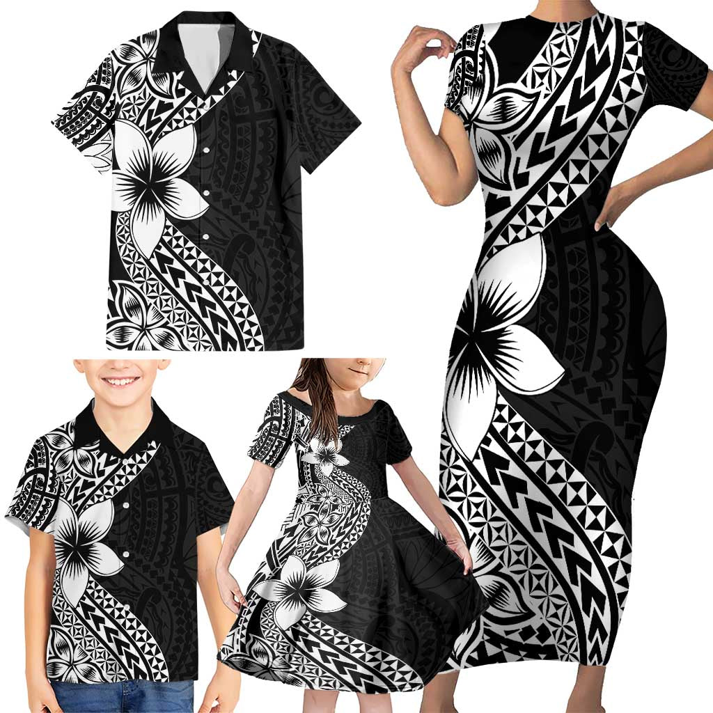 Lotu Tamaiti White Sunday Family Matching Short Sleeve Bodycon Dress and Hawaiian Shirt Pacific Plumeria Flowers - Black Version LT9 - Polynesian Pride