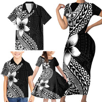 Lotu Tamaiti White Sunday Family Matching Short Sleeve Bodycon Dress and Hawaiian Shirt Pacific Plumeria Flowers - Black Version LT9 - Polynesian Pride