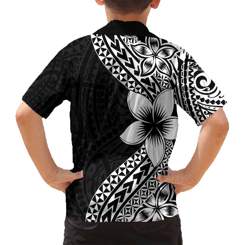 Lotu Tamaiti White Sunday Family Matching Tank Maxi Dress and Hawaiian Shirt Pacific Plumeria Flowers - Black Version LT9 - Polynesian Pride