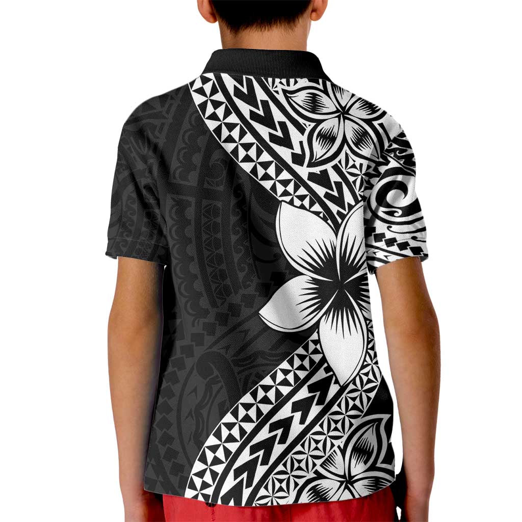 Lotu Tamaiti White Sunday Kid Polo Shirt Pacific Plumeria Flowers - Black Version LT9 - Polynesian Pride