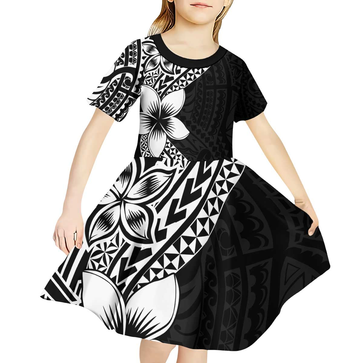 Lotu Tamaiti White Sunday Kid Short Sleeve Dress Pacific Plumeria Flowers - Black Version LT9 - Polynesian Pride