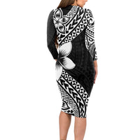 Lotu Tamaiti White Sunday Long Sleeve Bodycon Dress Pacific Plumeria Flowers - Black Version LT9 - Polynesian Pride