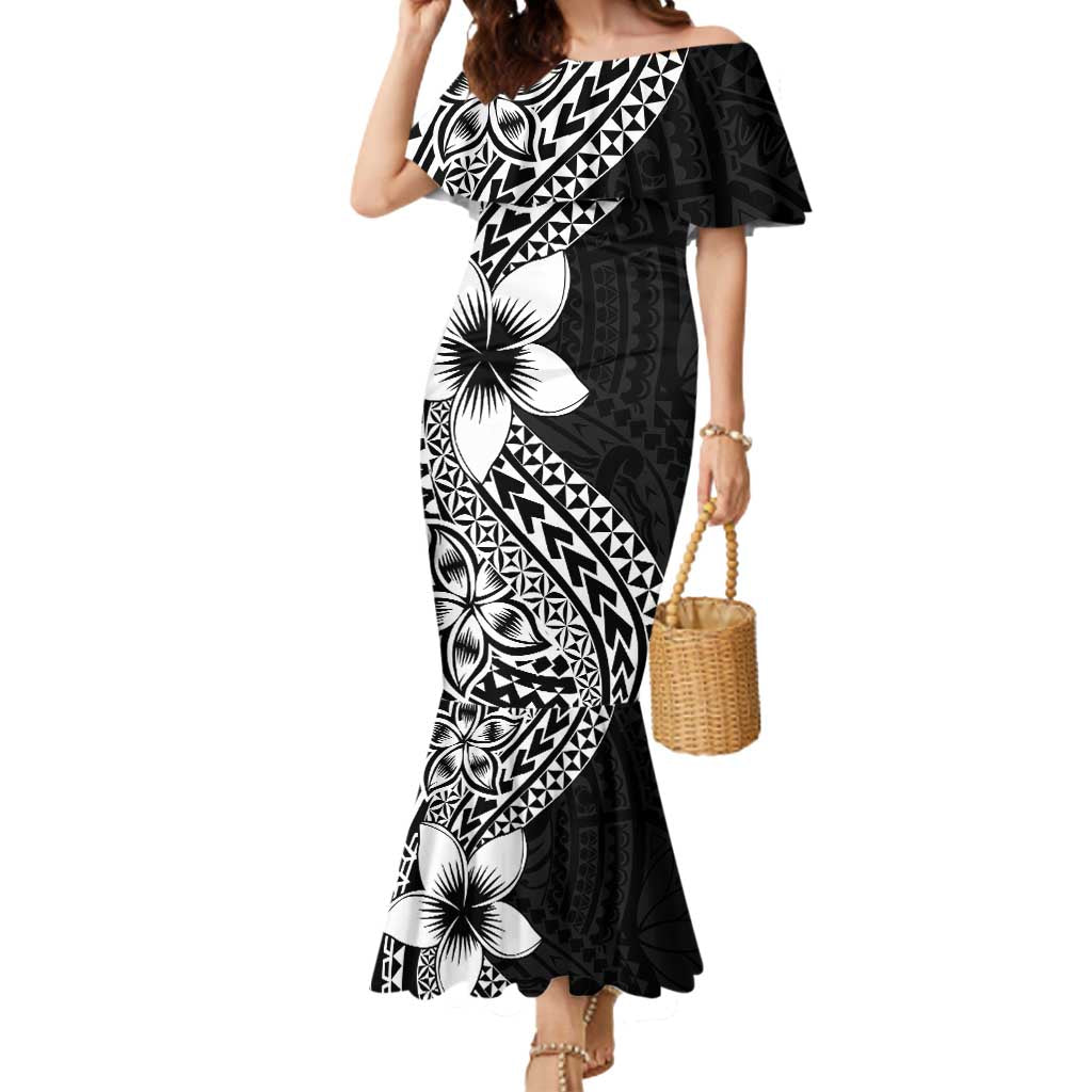 Lotu Tamaiti White Sunday Mermaid Dress Pacific Plumeria Flowers - Black Version LT9 Women Black - Polynesian Pride