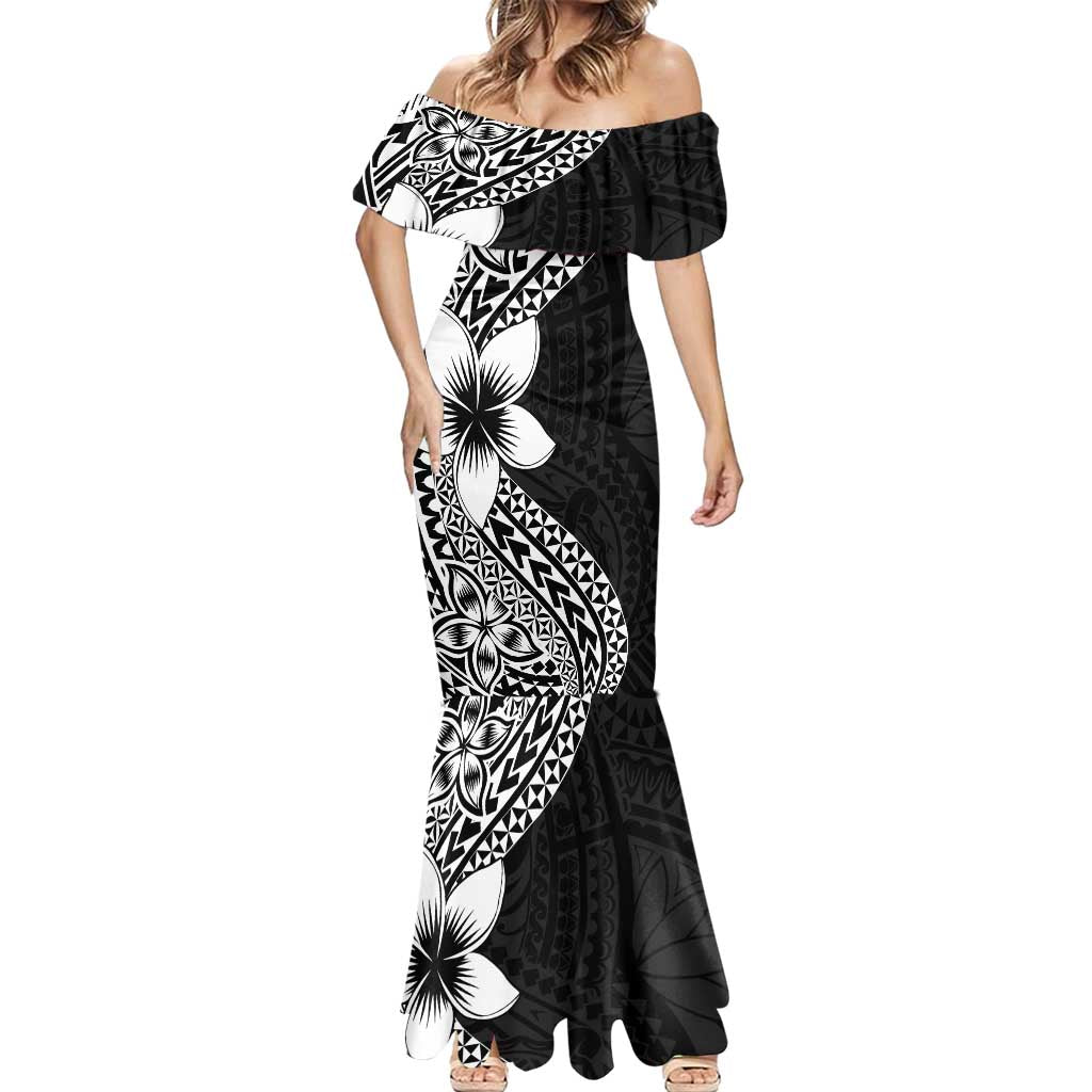 Lotu Tamaiti White Sunday Mermaid Dress Pacific Plumeria Flowers - Black Version LT9 - Polynesian Pride