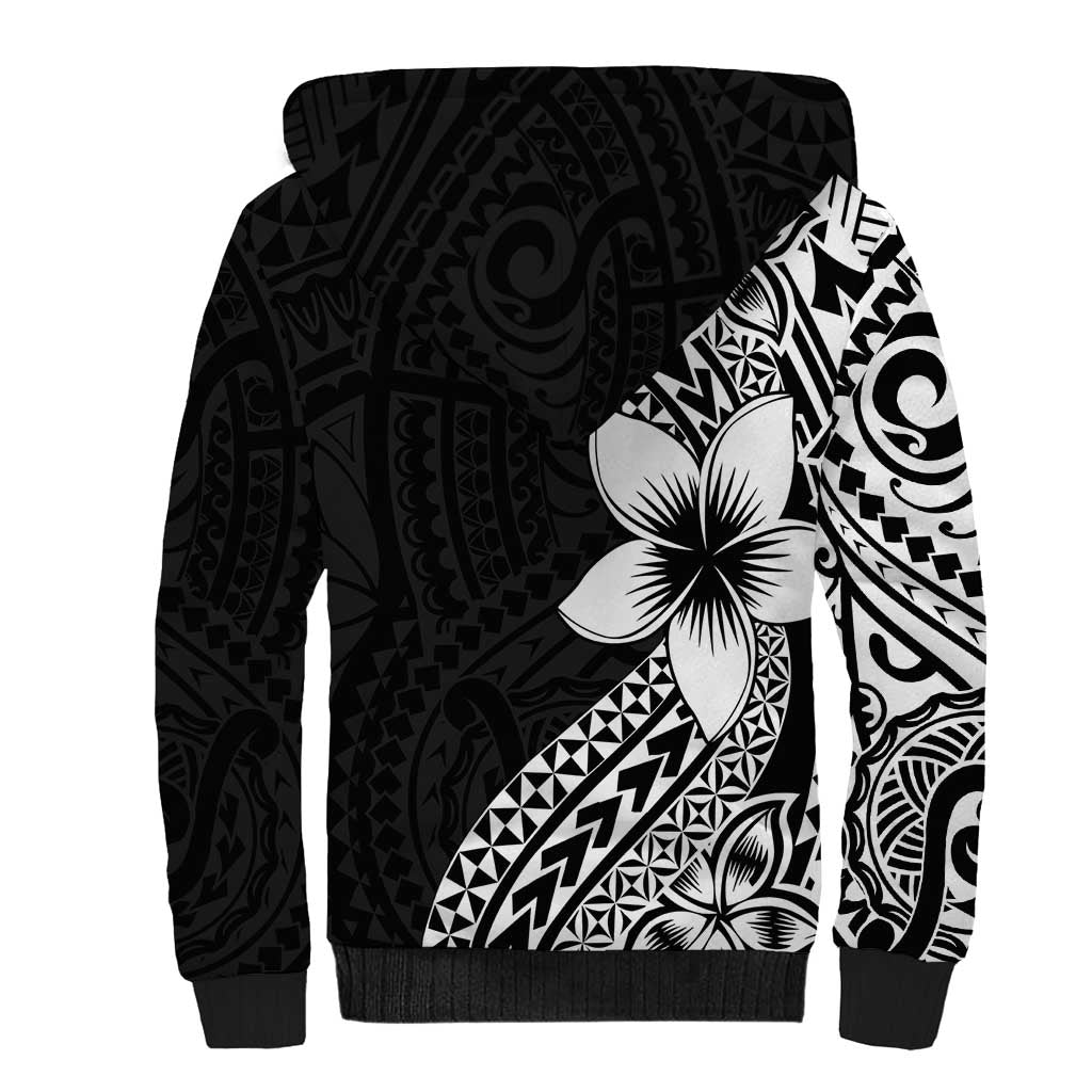 Lotu Tamaiti White Sunday Sherpa Hoodie Pacific Plumeria Flowers - Black Version LT9 - Polynesian Pride