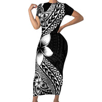 Lotu Tamaiti White Sunday Short Sleeve Bodycon Dress Pacific Plumeria Flowers - Black Version LT9 Long Dress Black - Polynesian Pride