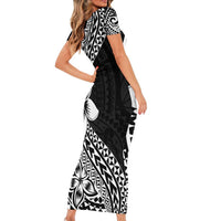 Lotu Tamaiti White Sunday Short Sleeve Bodycon Dress Pacific Plumeria Flowers - Black Version LT9 - Polynesian Pride