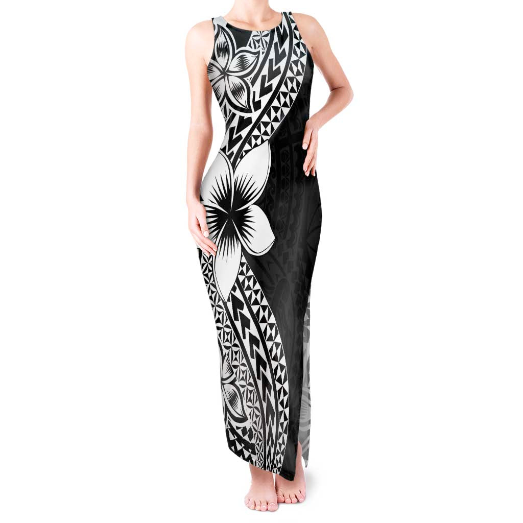 Lotu Tamaiti White Sunday Tank Maxi Dress Pacific Plumeria Flowers - Black Version LT9 Women Black - Polynesian Pride