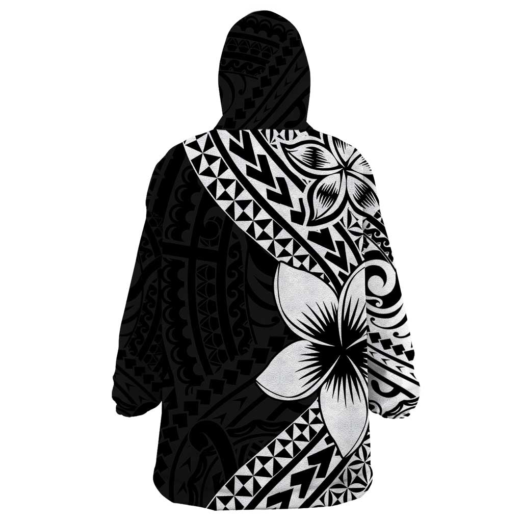 Lotu Tamaiti White Sunday Wearable Blanket Hoodie Pacific Plumeria Flowers - Black Version LT9 - Polynesian Pride