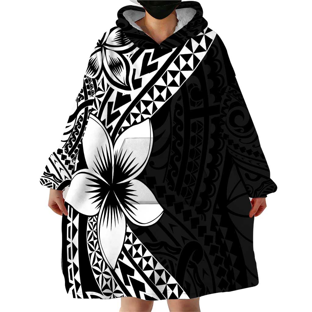 Lotu Tamaiti White Sunday Wearable Blanket Hoodie Pacific Plumeria Flowers - Black Version LT9 - Polynesian Pride