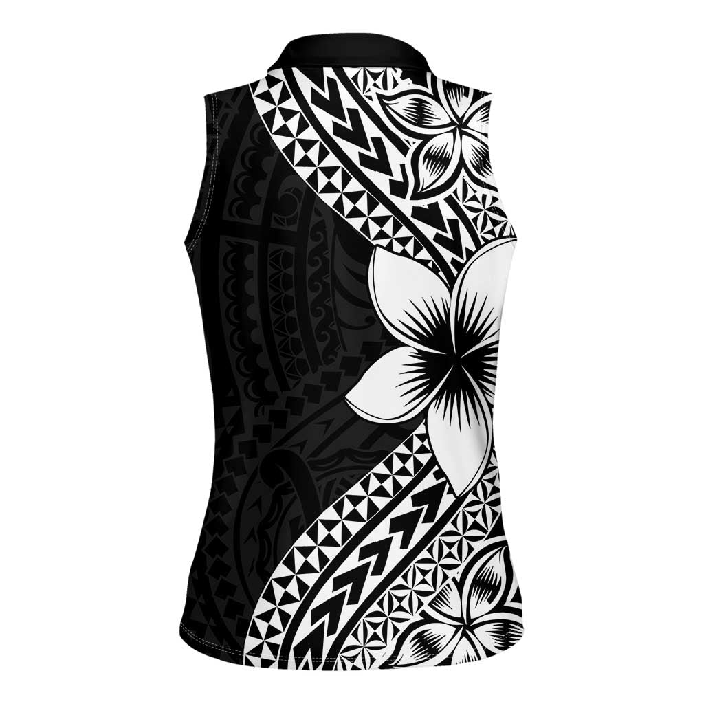 Lotu Tamaiti White Sunday Women Sleeveless Polo Shirt Pacific Plumeria Flowers - Black Version LT9 - Polynesian Pride