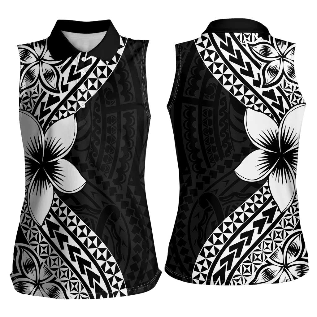 Lotu Tamaiti White Sunday Women Sleeveless Polo Shirt Pacific Plumeria Flowers - Black Version LT9 - Polynesian Pride