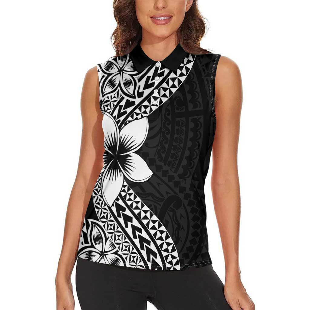 Lotu Tamaiti White Sunday Women Sleeveless Polo Shirt Pacific Plumeria Flowers - Black Version LT9 - Polynesian Pride