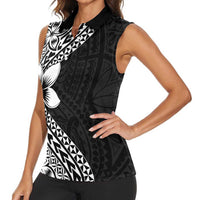 Lotu Tamaiti White Sunday Women Sleeveless Polo Shirt Pacific Plumeria Flowers - Black Version LT9 - Polynesian Pride