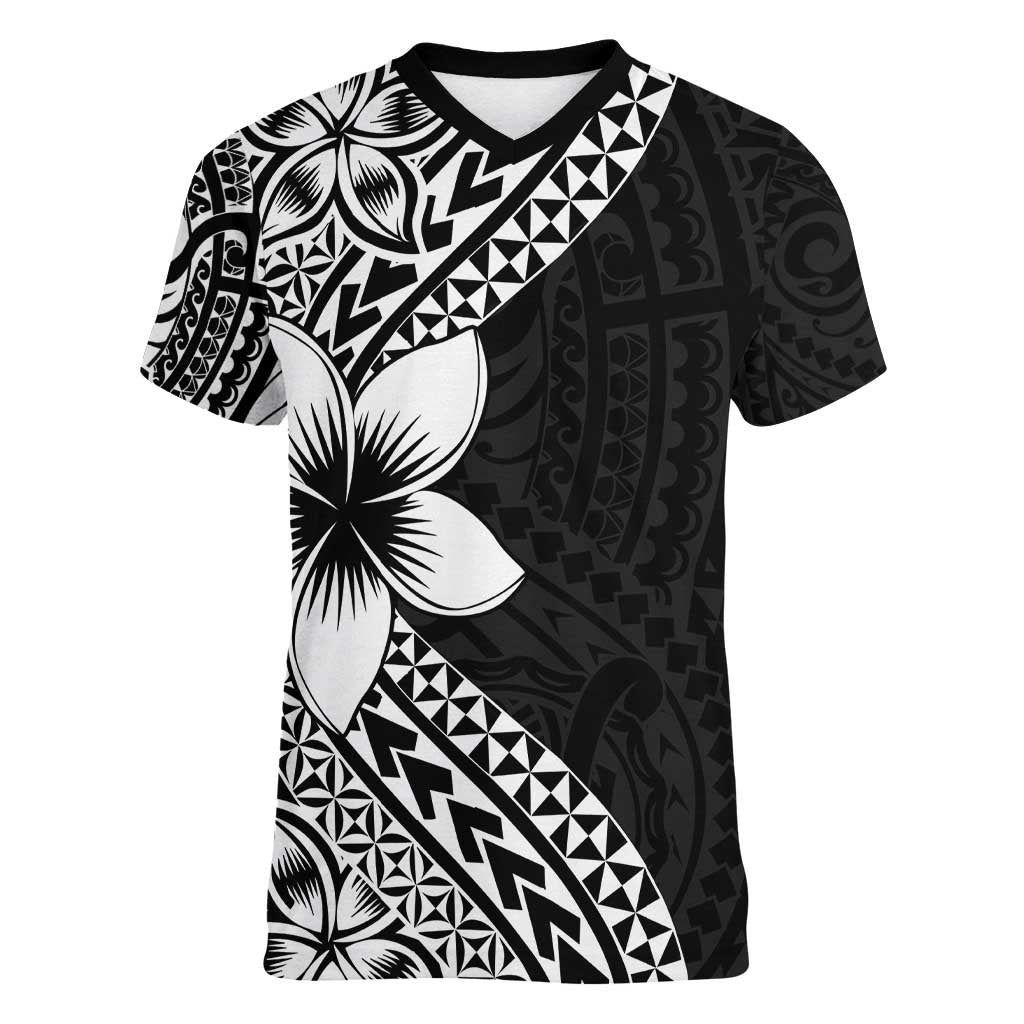 Lotu Tamaiti White Sunday Women V-Neck T-Shirt Pacific Plumeria Flowers - Black Version LT9 Female Black - Polynesian Pride