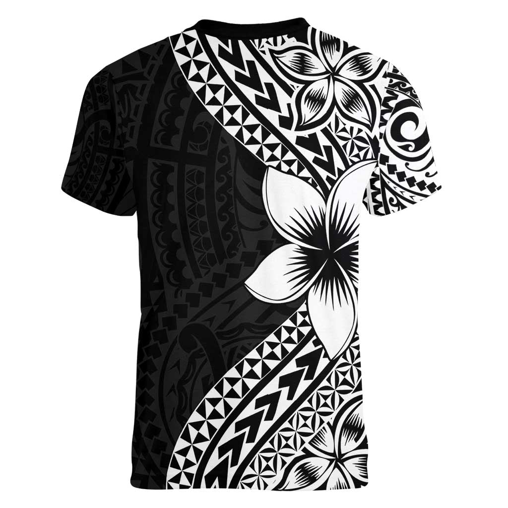 Lotu Tamaiti White Sunday Women V-Neck T-Shirt Pacific Plumeria Flowers - Black Version LT9 - Polynesian Pride