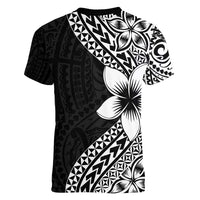 Lotu Tamaiti White Sunday Women V-Neck T-Shirt Pacific Plumeria Flowers - Black Version LT9 - Polynesian Pride