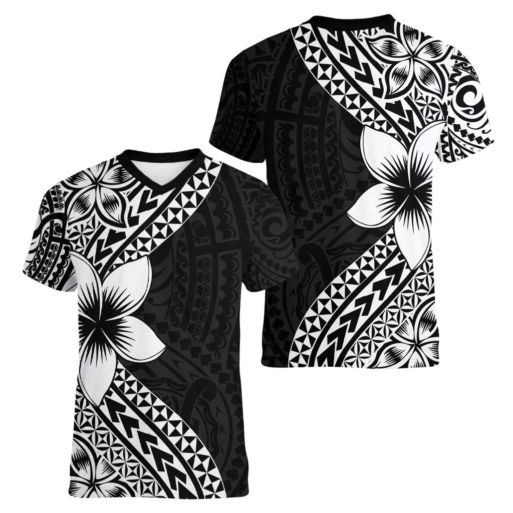 Lotu Tamaiti White Sunday Women V-Neck T-Shirt Pacific Plumeria Flowers - Black Version LT9 - Polynesian Pride