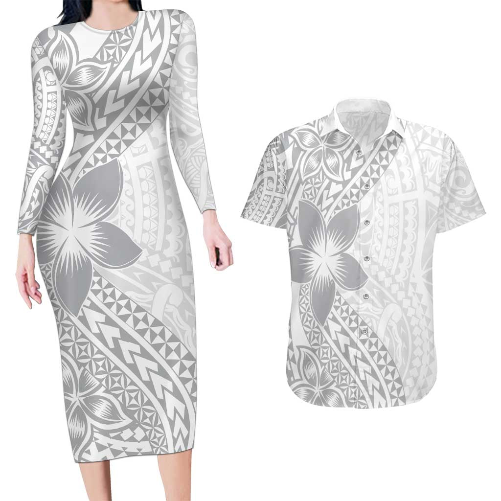 Lotu Tamaiti White Sunday Couples Matching Long Sleeve Bodycon Dress and Hawaiian Shirt Pacific Plumeria Flowers - White Version LT9 White - Polynesian Pride