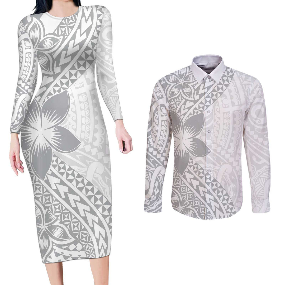 Lotu Tamaiti White Sunday Couples Matching Long Sleeve Bodycon Dress and Long Sleeve Button Shirt Pacific Plumeria Flowers - White Version LT9 White - Polynesian Pride